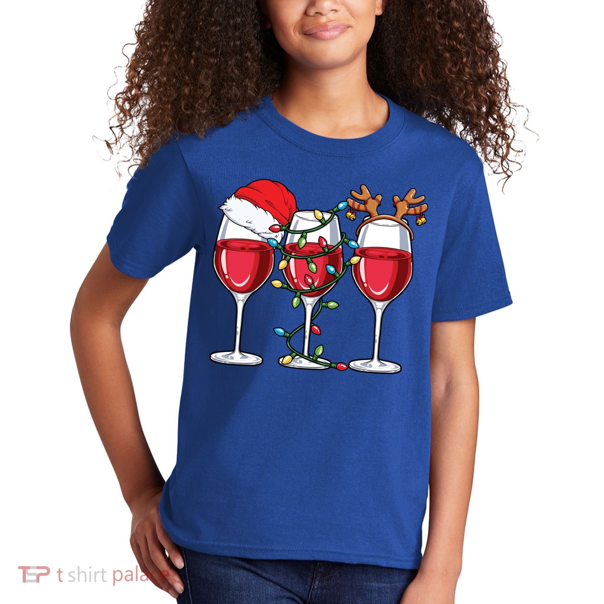 Wine Christmas Santa Hat Xmas Lights Reindeer Antlers Meaningful Gift Kids T-Shirt