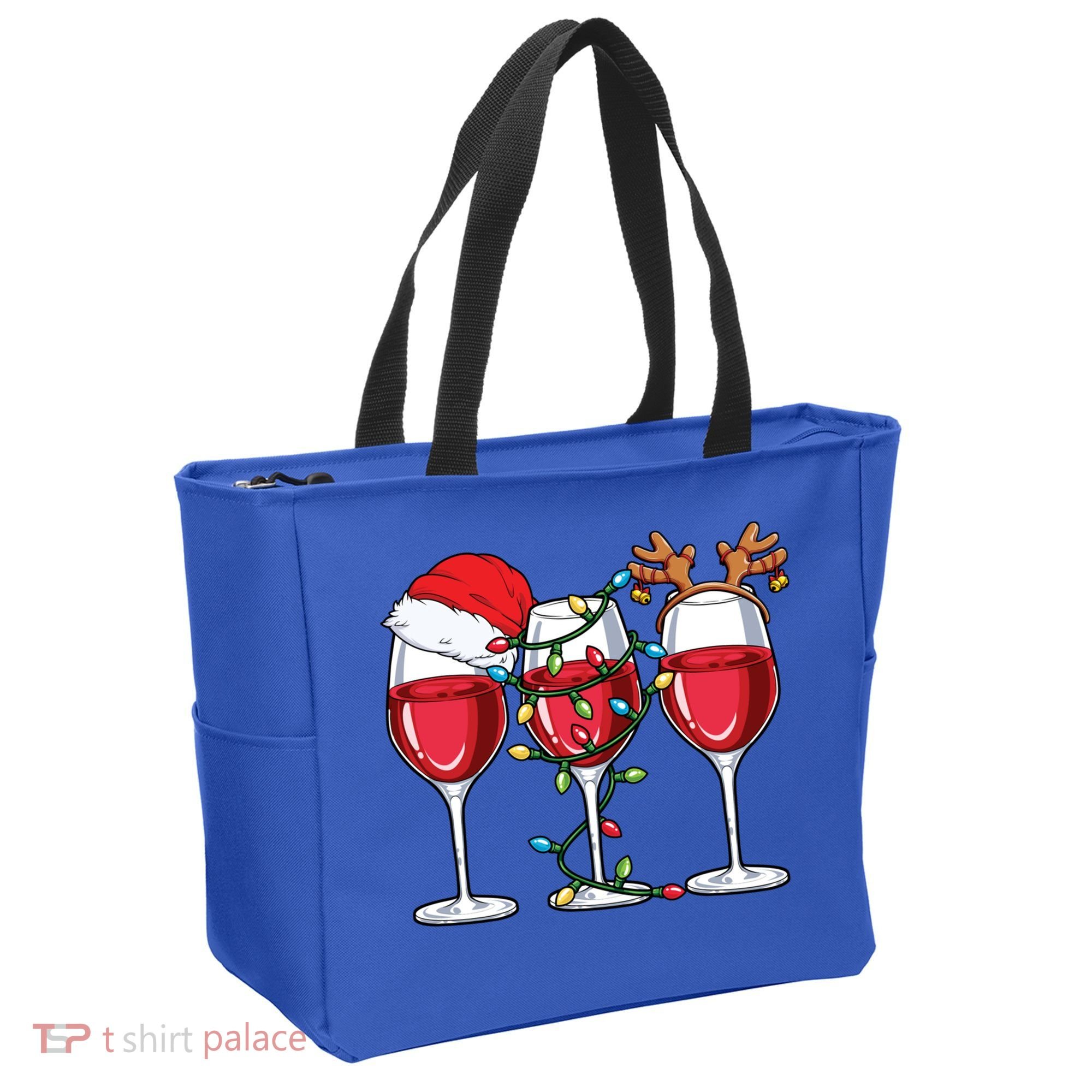 Wine Christmas Santa Hat Xmas Lights Reindeer Antlers Meaningful Gift Tote Bag