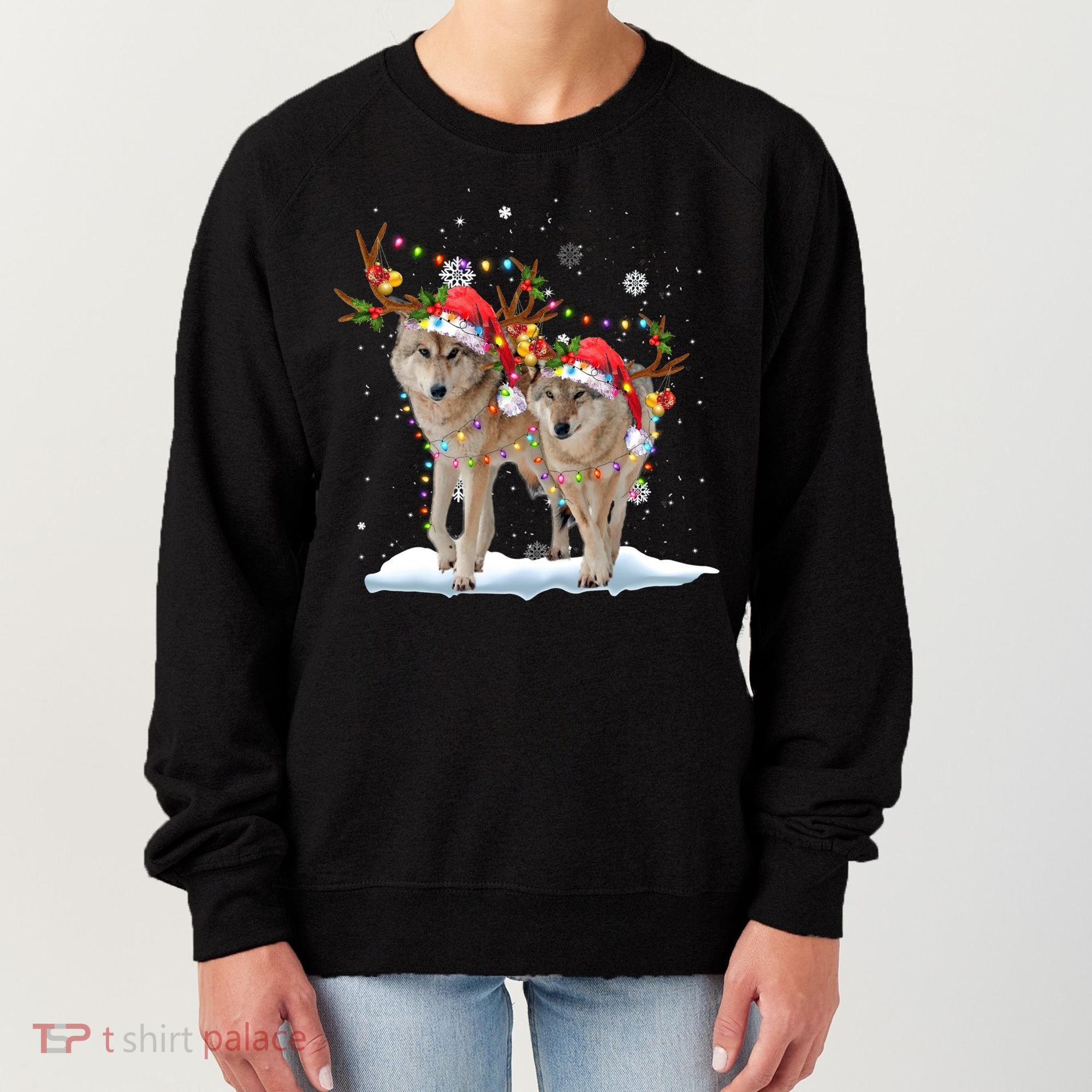 Wolf Christmas Santa Hat Tree Lights Xmas Funny Wolf Gift Women's Sweatshirt