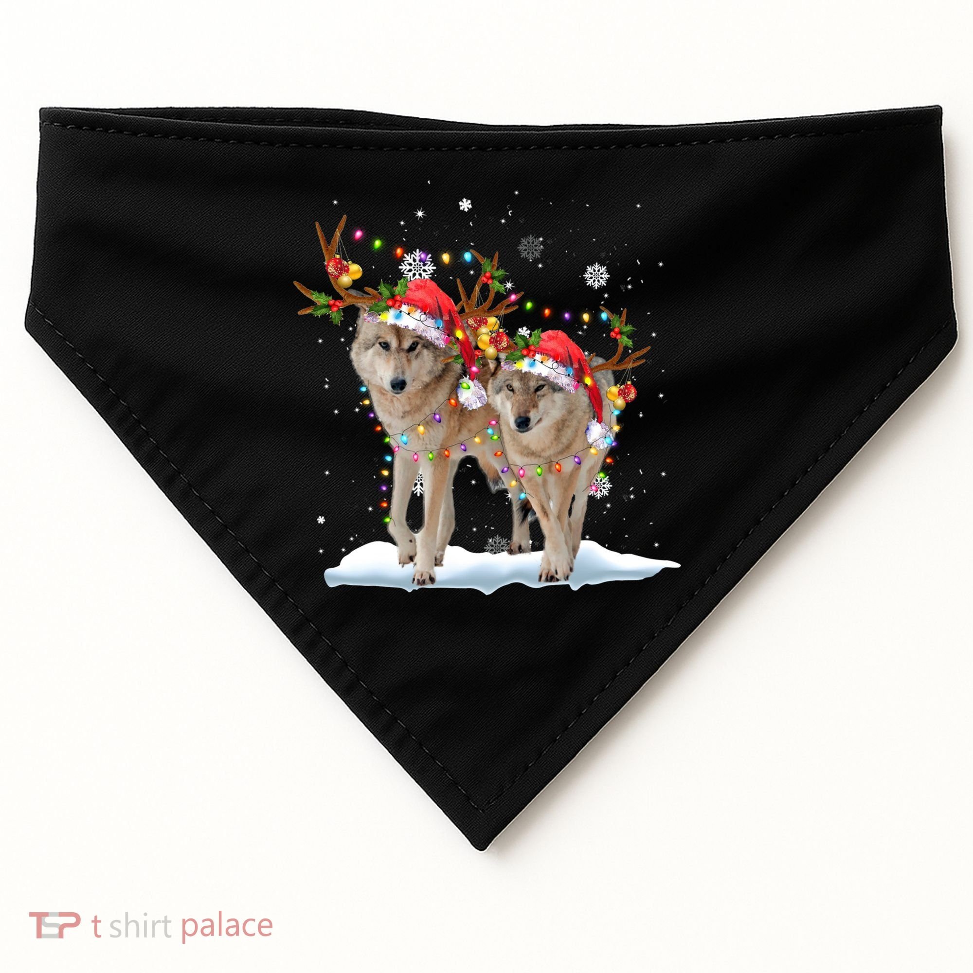 Wolf Christmas Santa Hat Tree Lights Xmas Funny Wolf Gift USA-Made Doggie Bandana