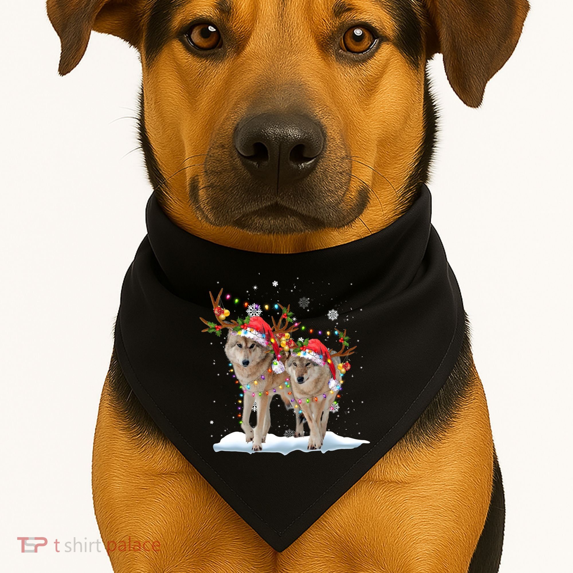 Wolf Christmas Santa Hat Tree Lights Xmas Funny Wolf Gift USA-Made Doggie Bandana