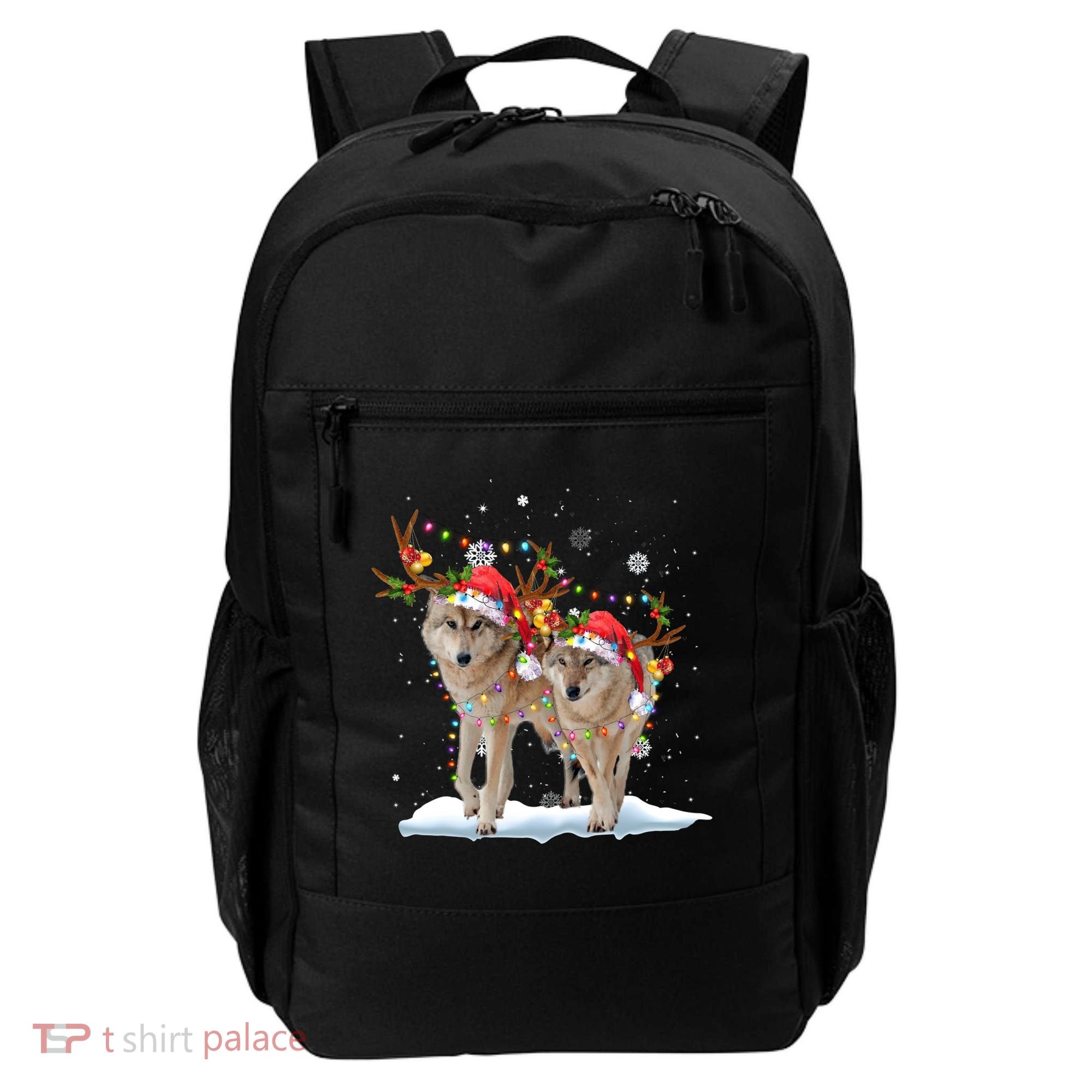 Wolf Christmas Santa Hat Tree Lights Xmas Funny Wolf Gift Backpack