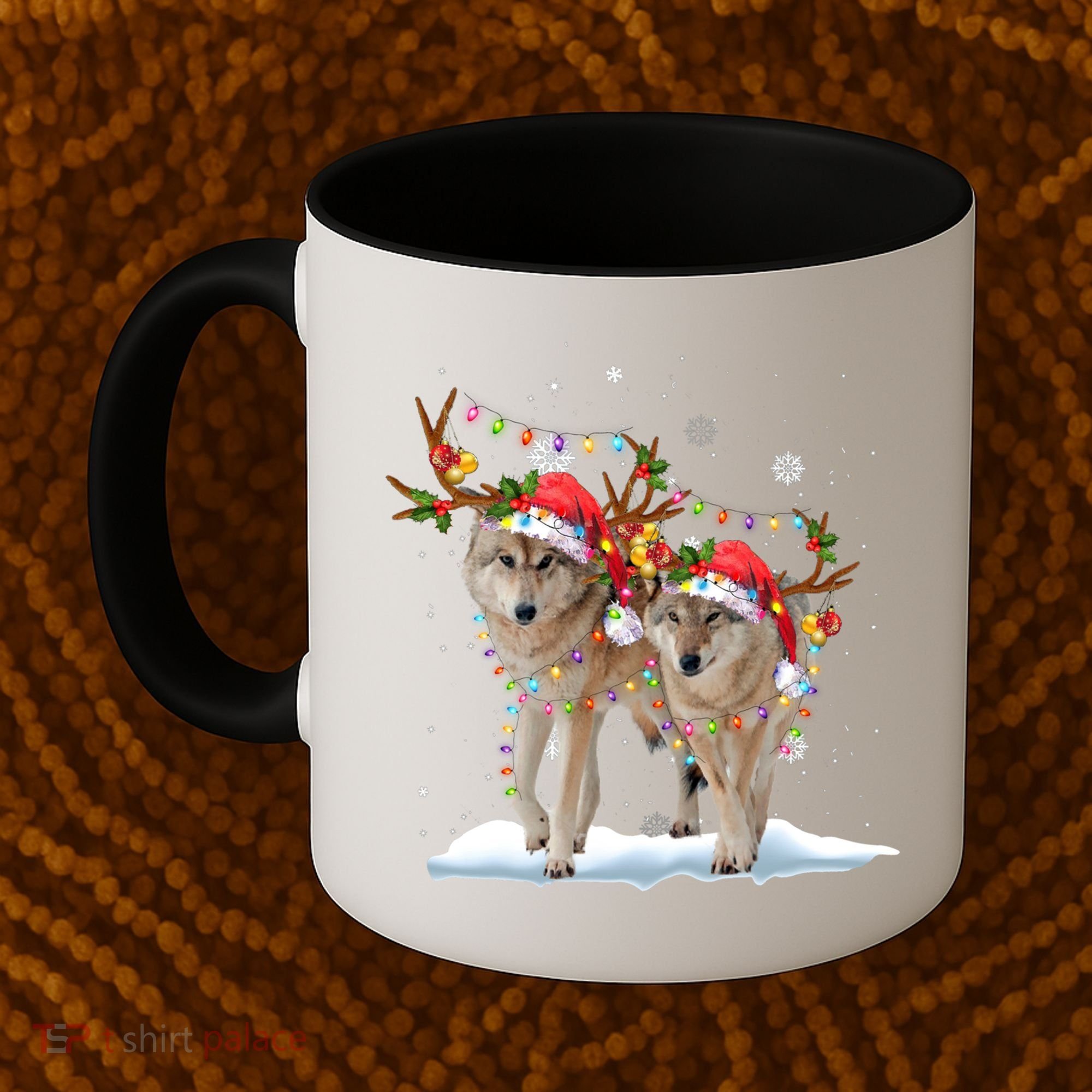 Wolf Christmas Santa Hat Tree Lights Xmas Funny Wolf Gift Coffee Mug
