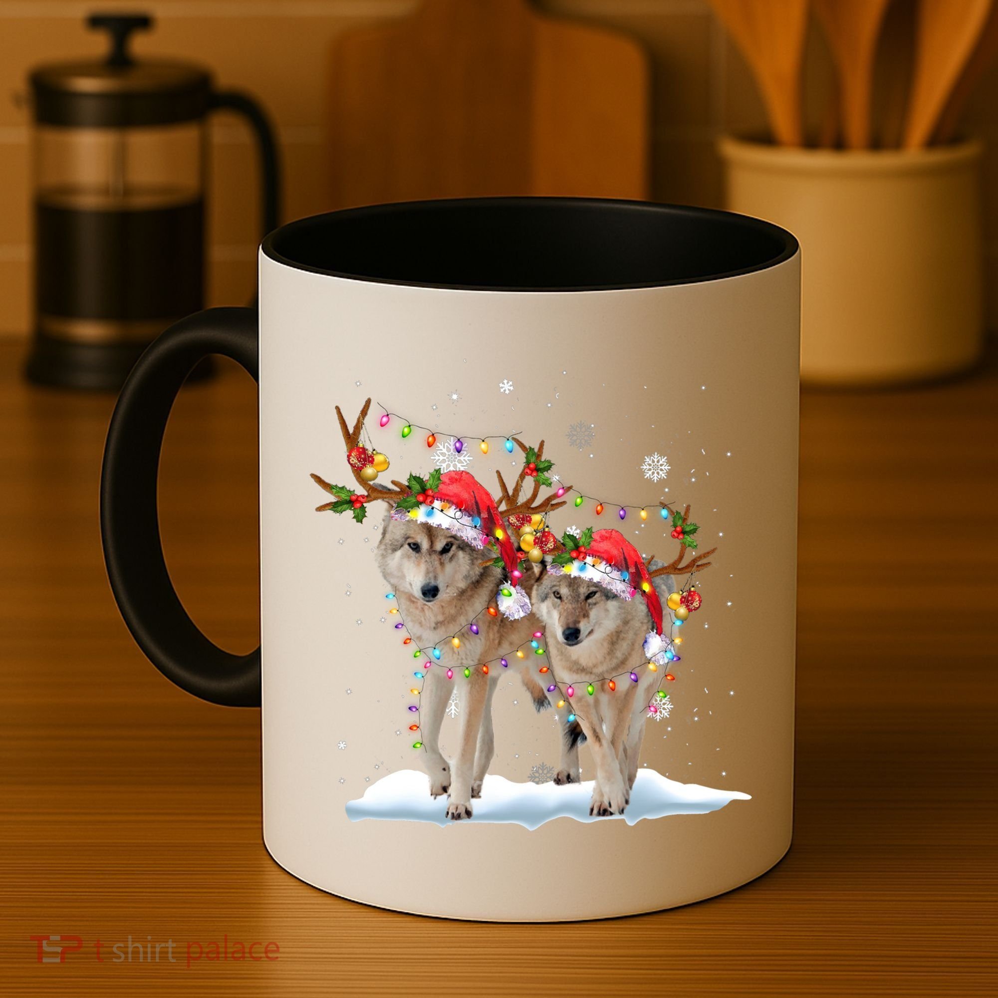 Wolf Christmas Santa Hat Tree Lights Xmas Funny Wolf Gift Coffee Mug