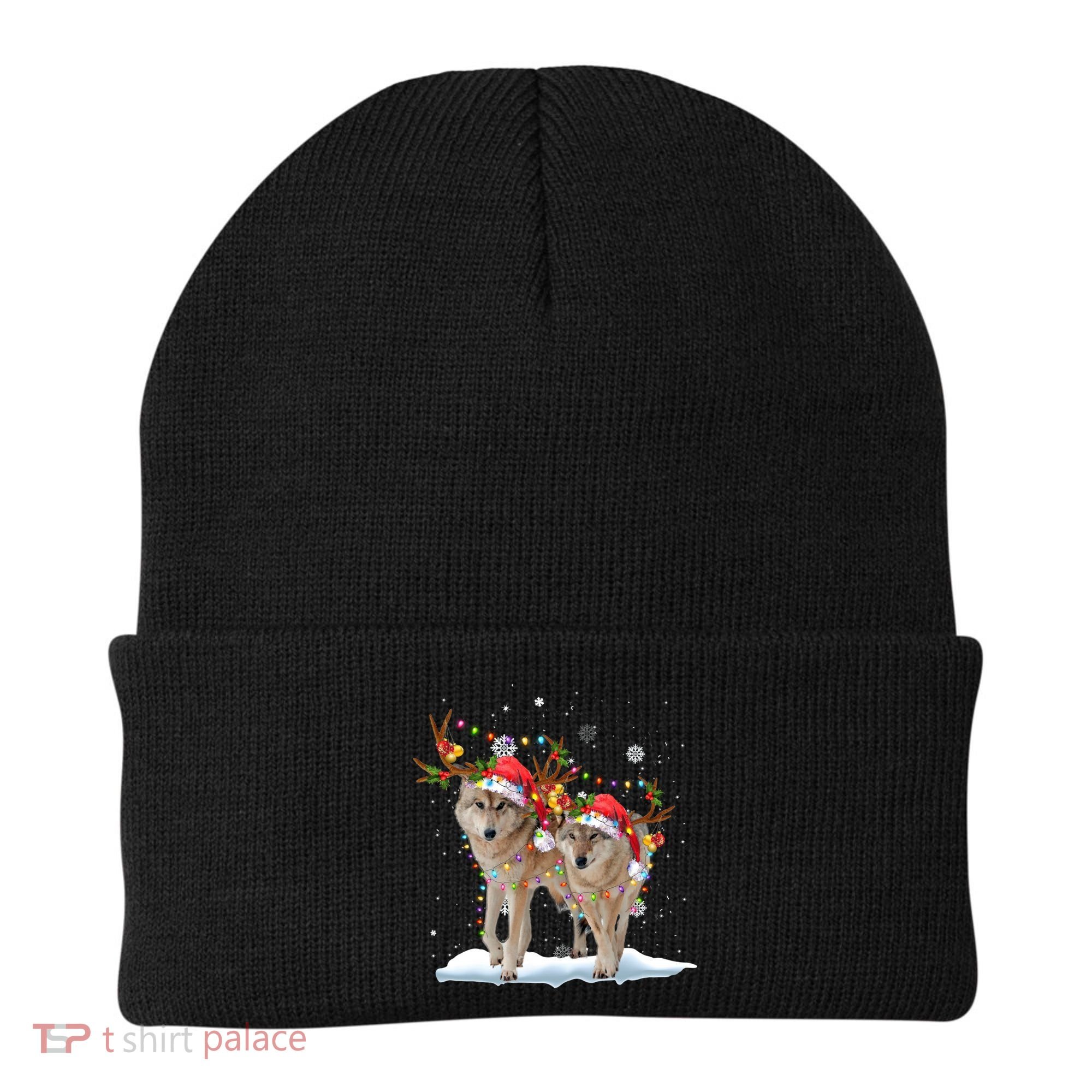 Wolf Christmas Santa Hat Tree Lights Xmas Funny Wolf Gift Beanie