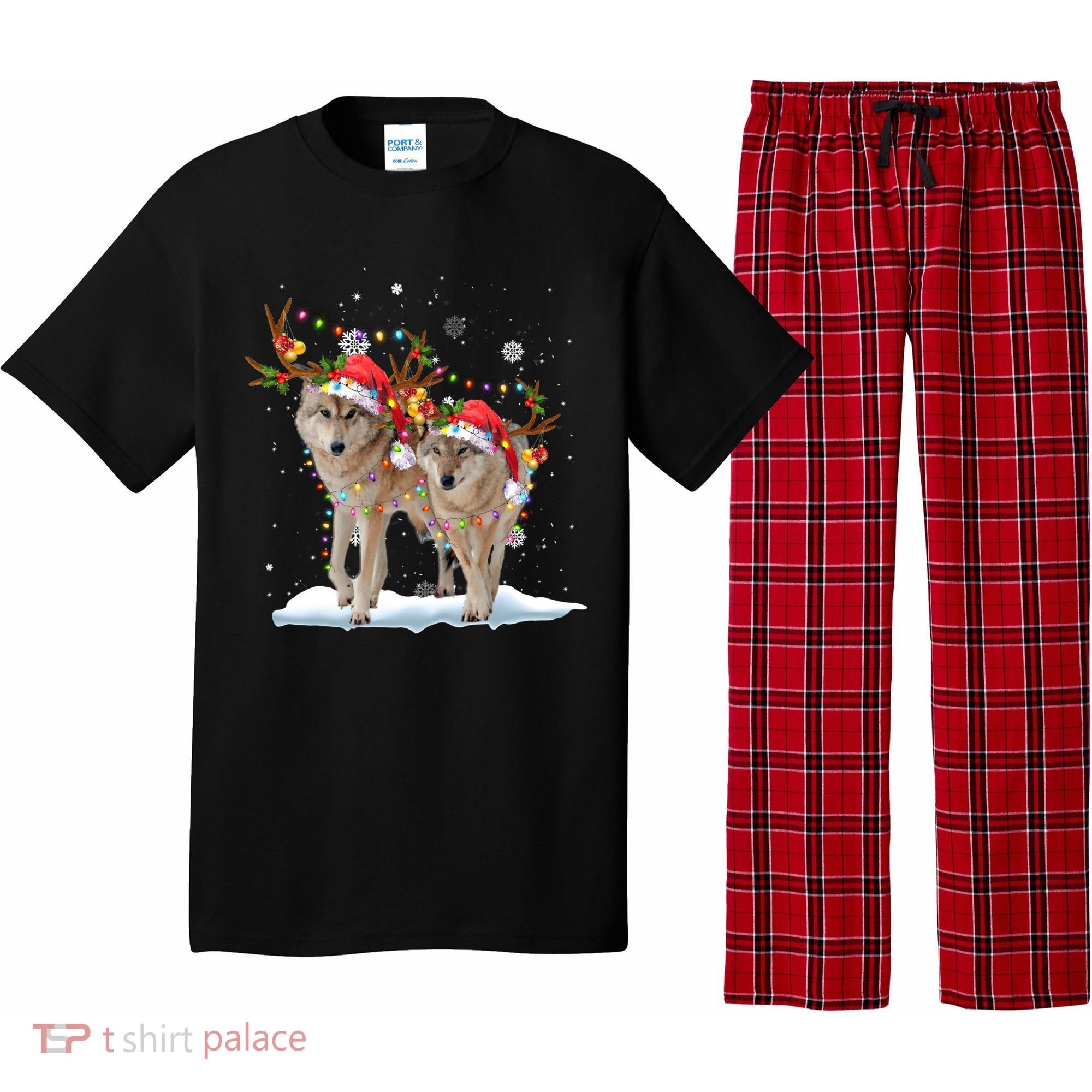 Wolf Christmas Santa Hat Tree Lights Xmas Funny Wolf Gift Pajama Set