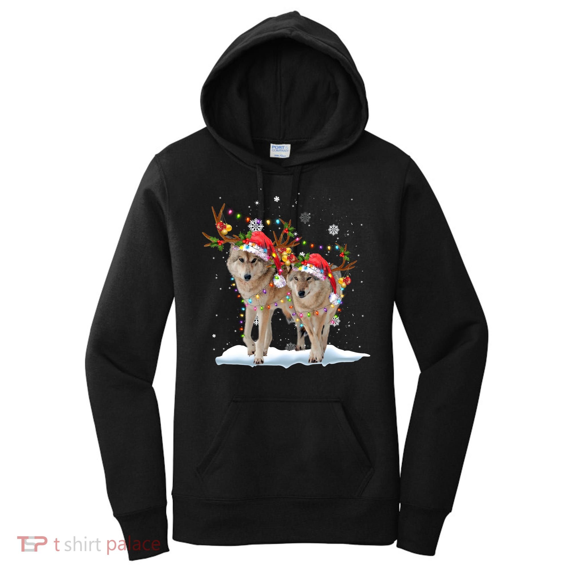 Wolf Christmas Santa Hat Tree Lights Xmas Funny Wolf Gift Women's Hoodie