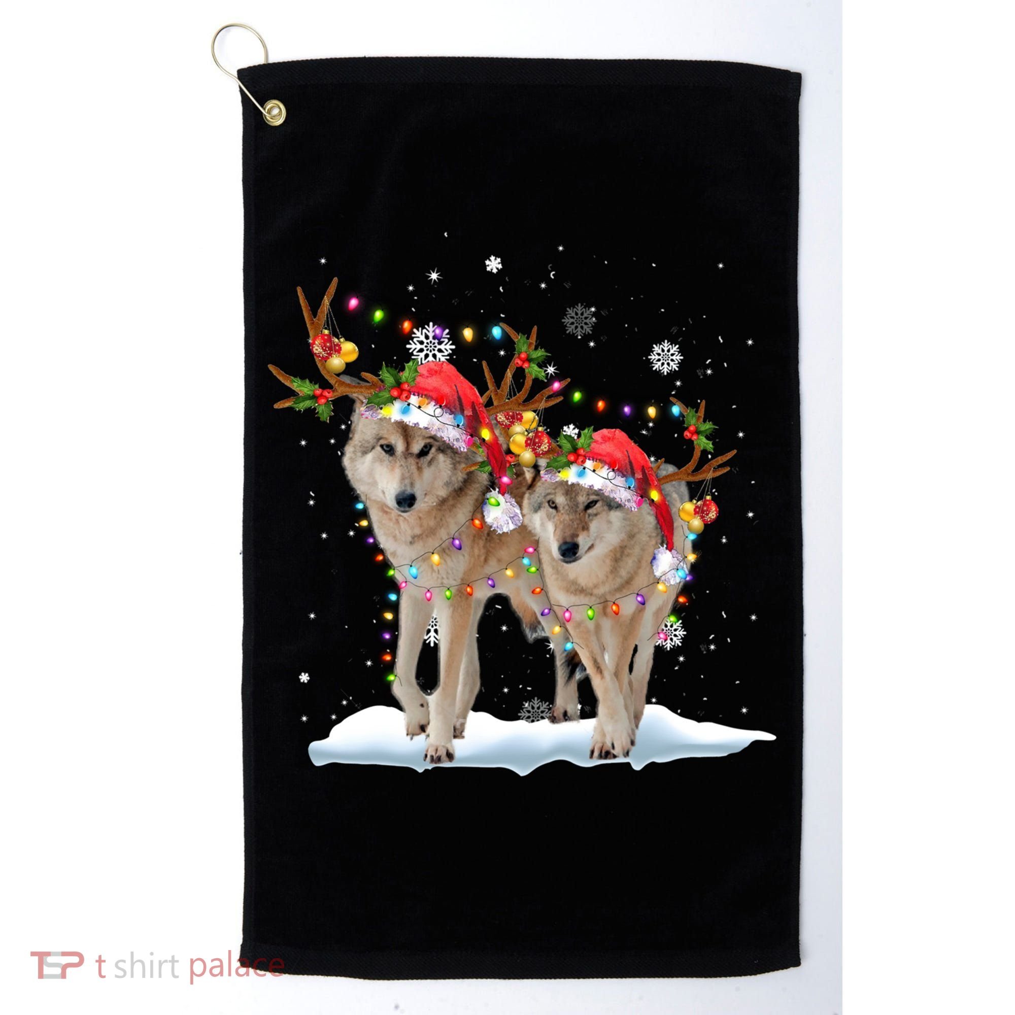 Wolf Christmas Santa Hat Tree Lights Xmas Funny Wolf Gift Golf Towel