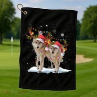 Wolf Christmas Santa Hat Tree Lights Xmas Funny Wolf Gift Golf Towel thumb 1