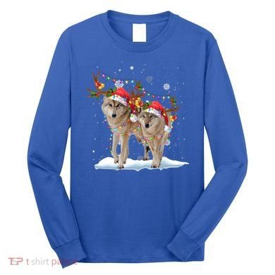 Wolf Christmas Santa Hat Tree Lights Xmas Funny Wolf Gift Long Sleeve Shirt