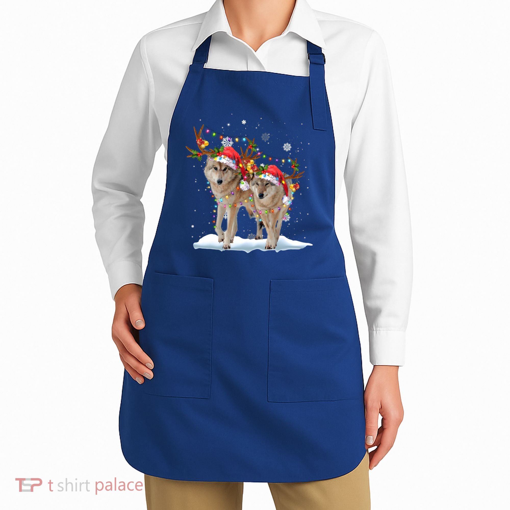 Wolf Christmas Santa Hat Tree Lights Xmas Funny Wolf Gift Apron
