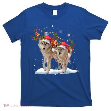 Wolf Christmas Santa Hat Tree Lights Xmas Funny Wolf Gift T-Shirt