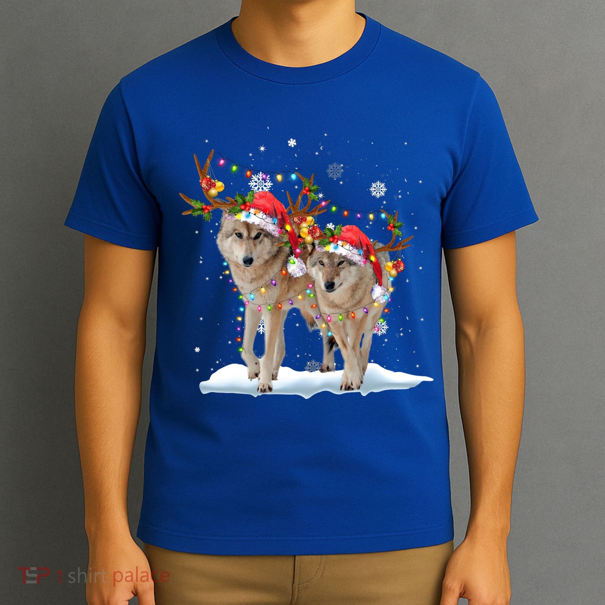 Wolf Christmas Santa Hat Tree Lights Xmas Funny Wolf Gift T-Shirt