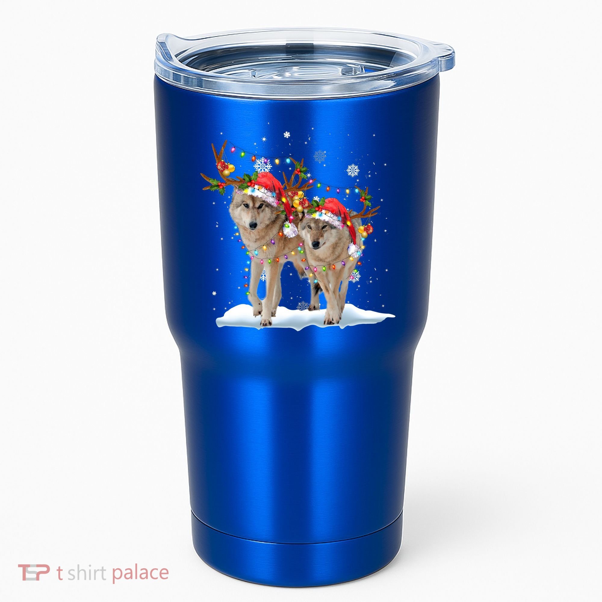Wolf Christmas Santa Hat Tree Lights Xmas Funny Wolf Gift Tumbler