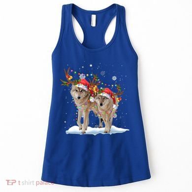 Wolf Christmas Santa Hat Tree Lights Xmas Funny Wolf Gift Women's Tank Top