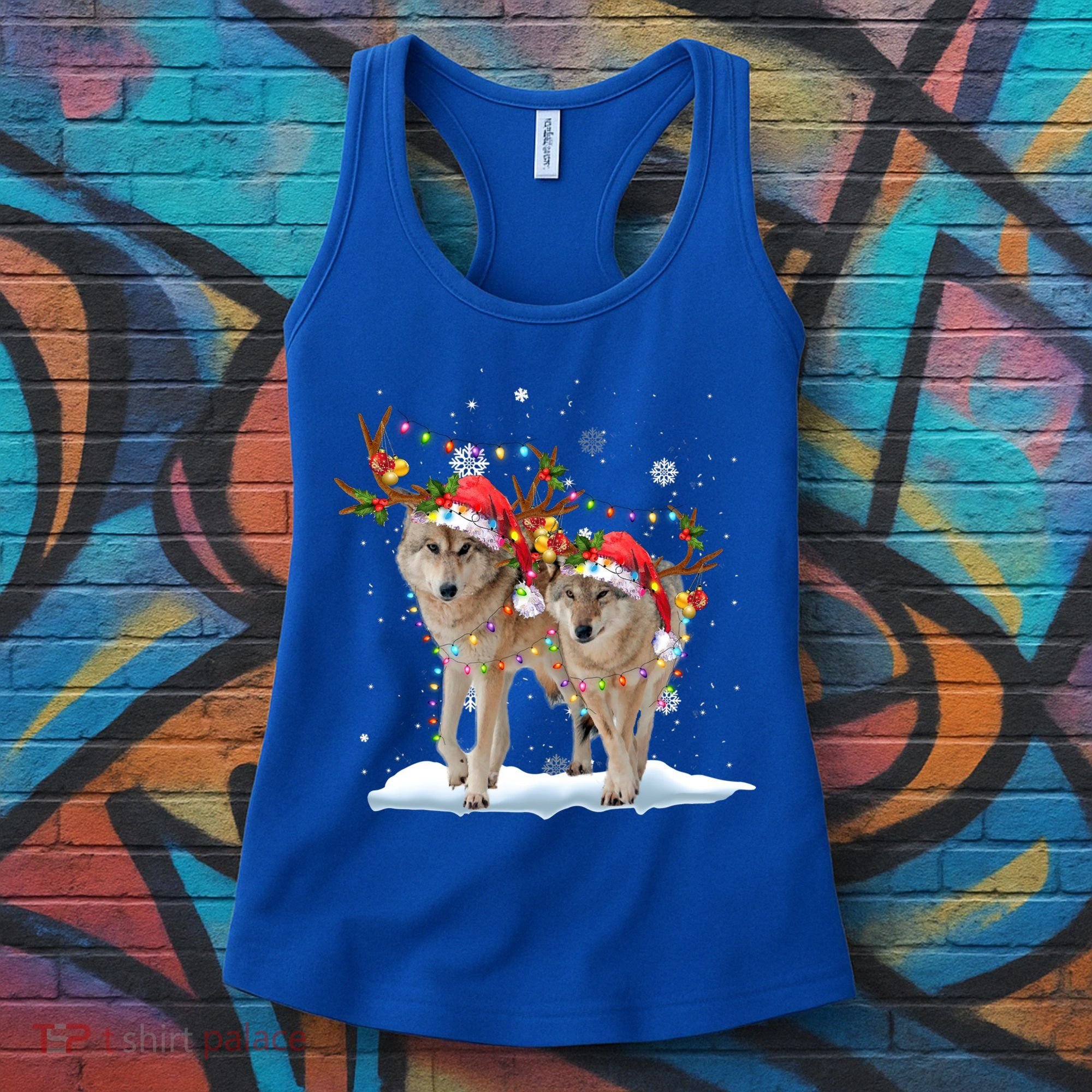 Wolf Christmas Santa Hat Tree Lights Xmas Funny Wolf Gift Women's Tank Top