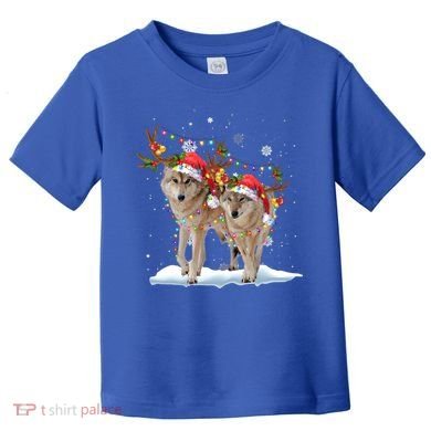 Wolf Christmas Santa Hat Tree Lights Xmas Funny Wolf Gift Toddler T-Shirt