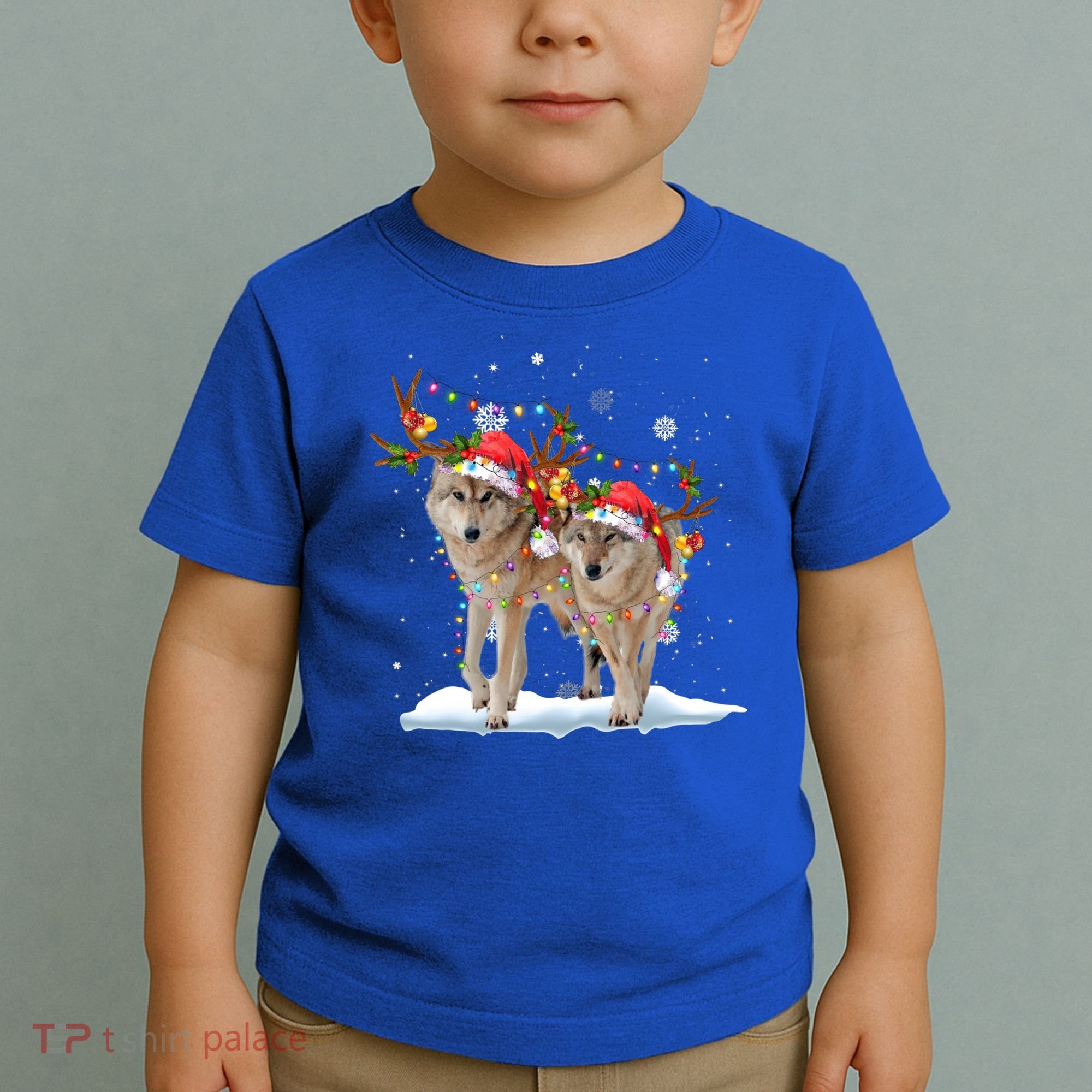 Wolf Christmas Santa Hat Tree Lights Xmas Funny Wolf Gift Toddler T-Shirt