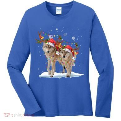 Wolf Christmas Santa Hat Tree Lights Xmas Funny Wolf Gift Women's Long Sleeve Shirt