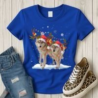 Wolf Christmas Santa Hat Tree Lights Xmas Funny Wolf Gift Women's T-Shirt thumb 3