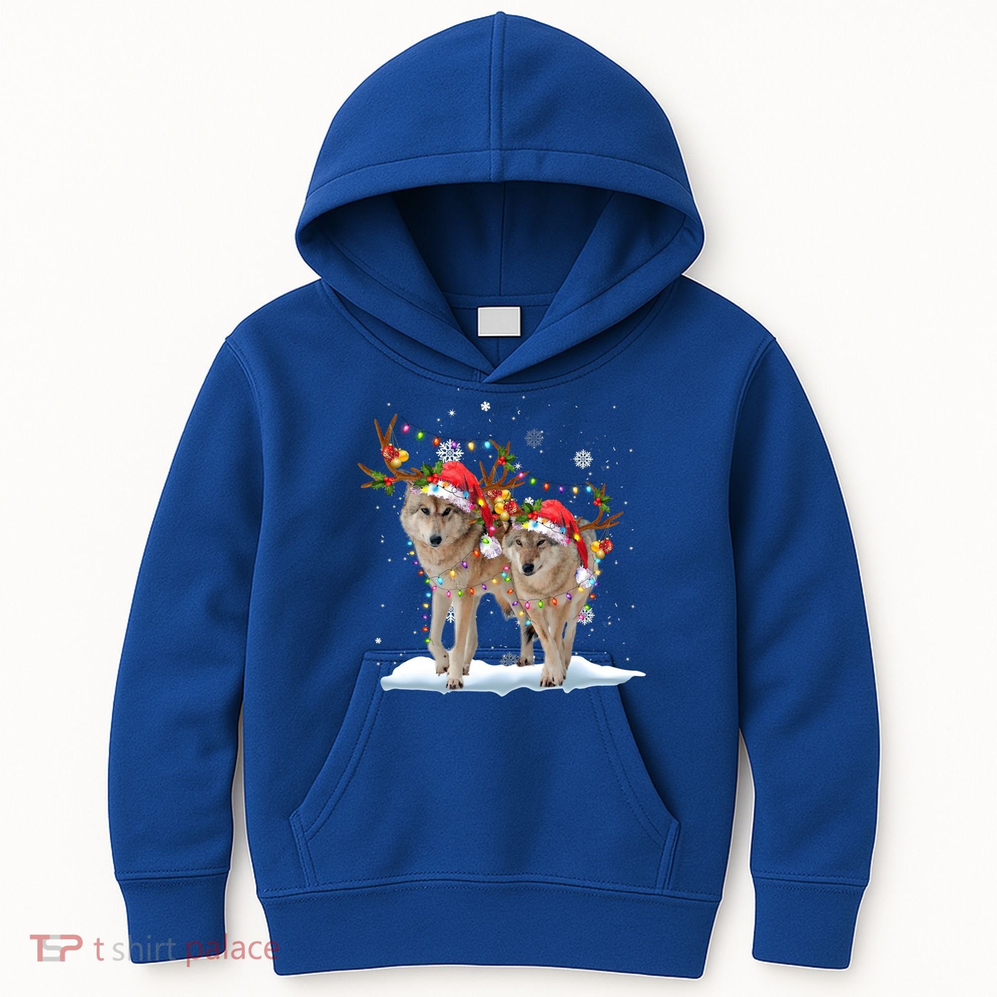 Wolf Christmas Santa Hat Tree Lights Xmas Funny Wolf Gift Kids Hoodie