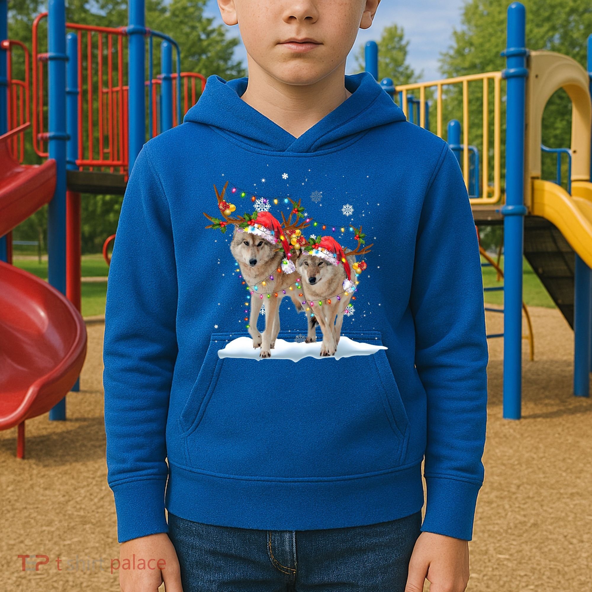 Wolf Christmas Santa Hat Tree Lights Xmas Funny Wolf Gift Kids Hoodie