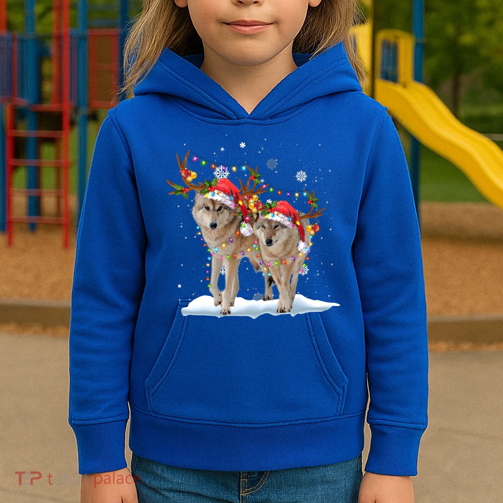Wolf Christmas Santa Hat Tree Lights Xmas Funny Wolf Gift Kids Hoodie