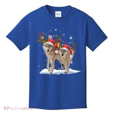 Wolf Christmas Santa Hat Tree Lights Xmas Funny Wolf Gift Kids T-Shirt
