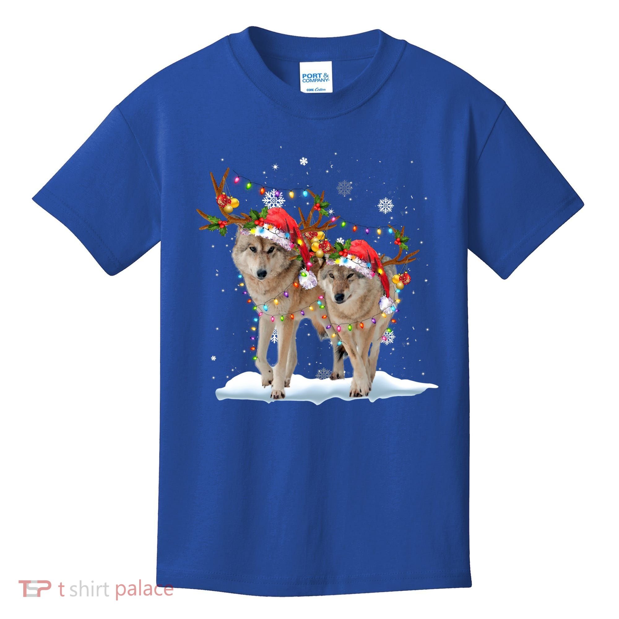 Wolf Christmas Santa Hat Tree Lights Xmas Funny Wolf Gift Kids T-Shirt