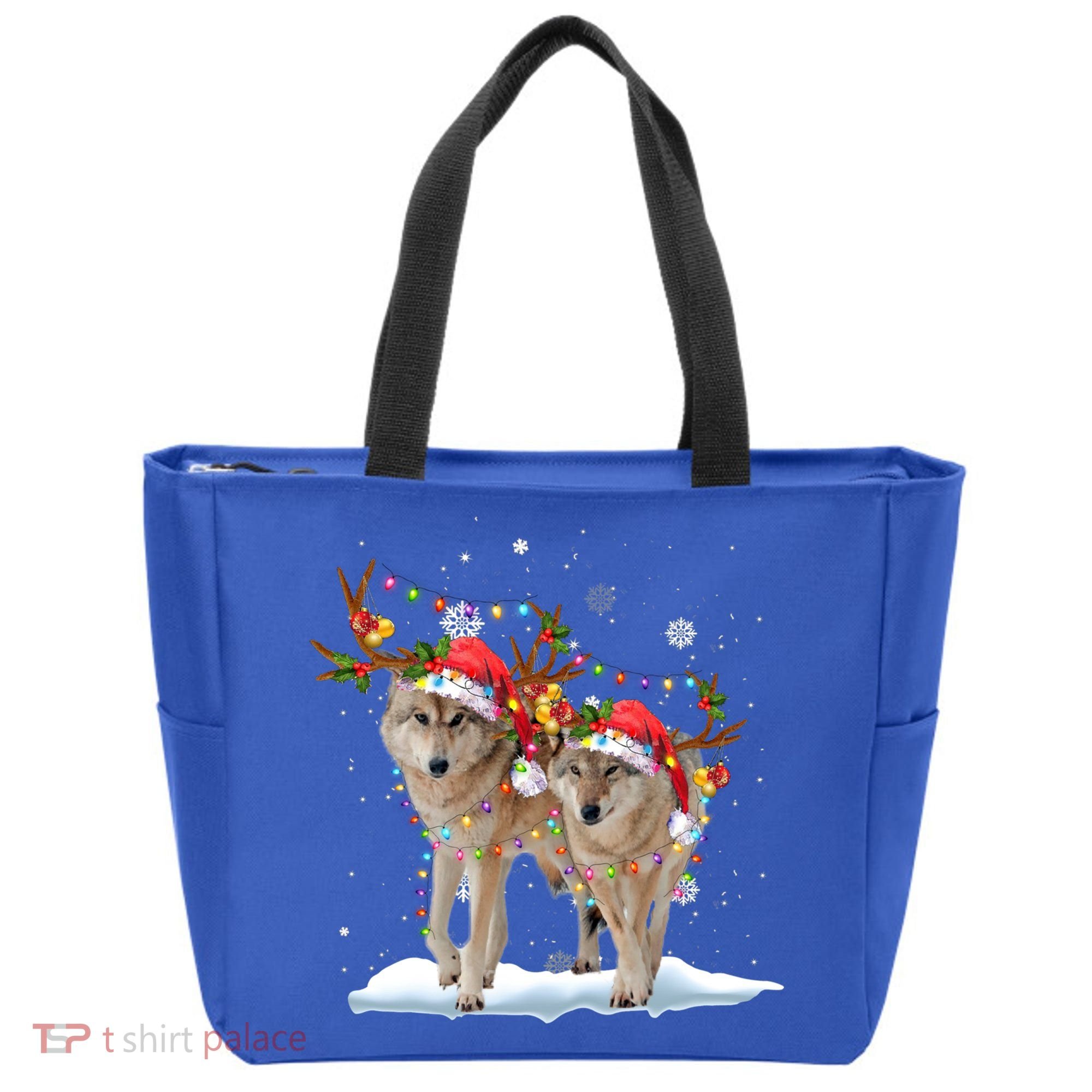 Wolf Christmas Santa Hat Tree Lights Xmas Funny Wolf Gift Tote Bag
