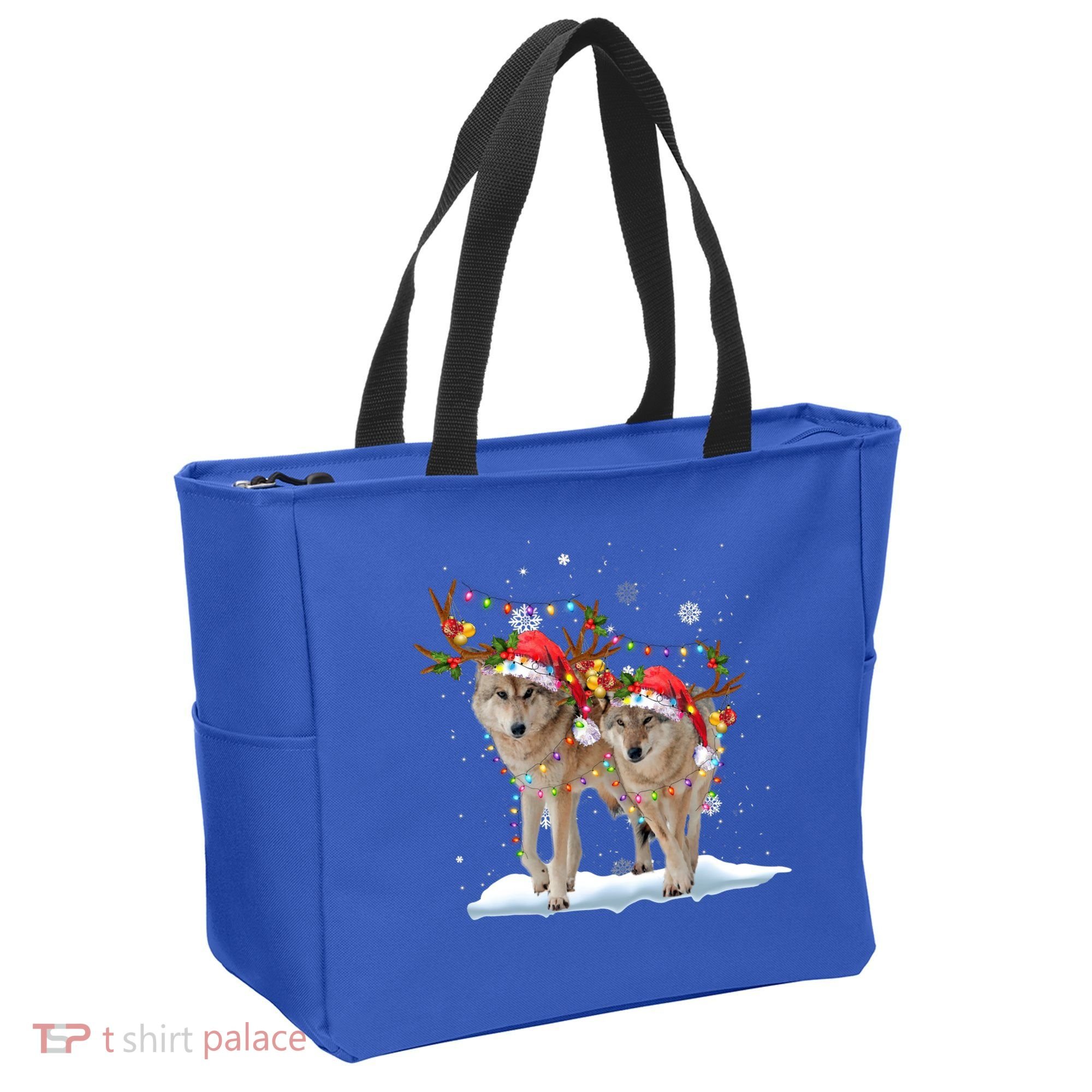 Wolf Christmas Santa Hat Tree Lights Xmas Funny Wolf Gift Tote Bag