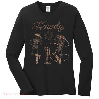 Western Cowboy Skeleton Dancing Howdy Halloween Women's Long Sleeve Shirt
