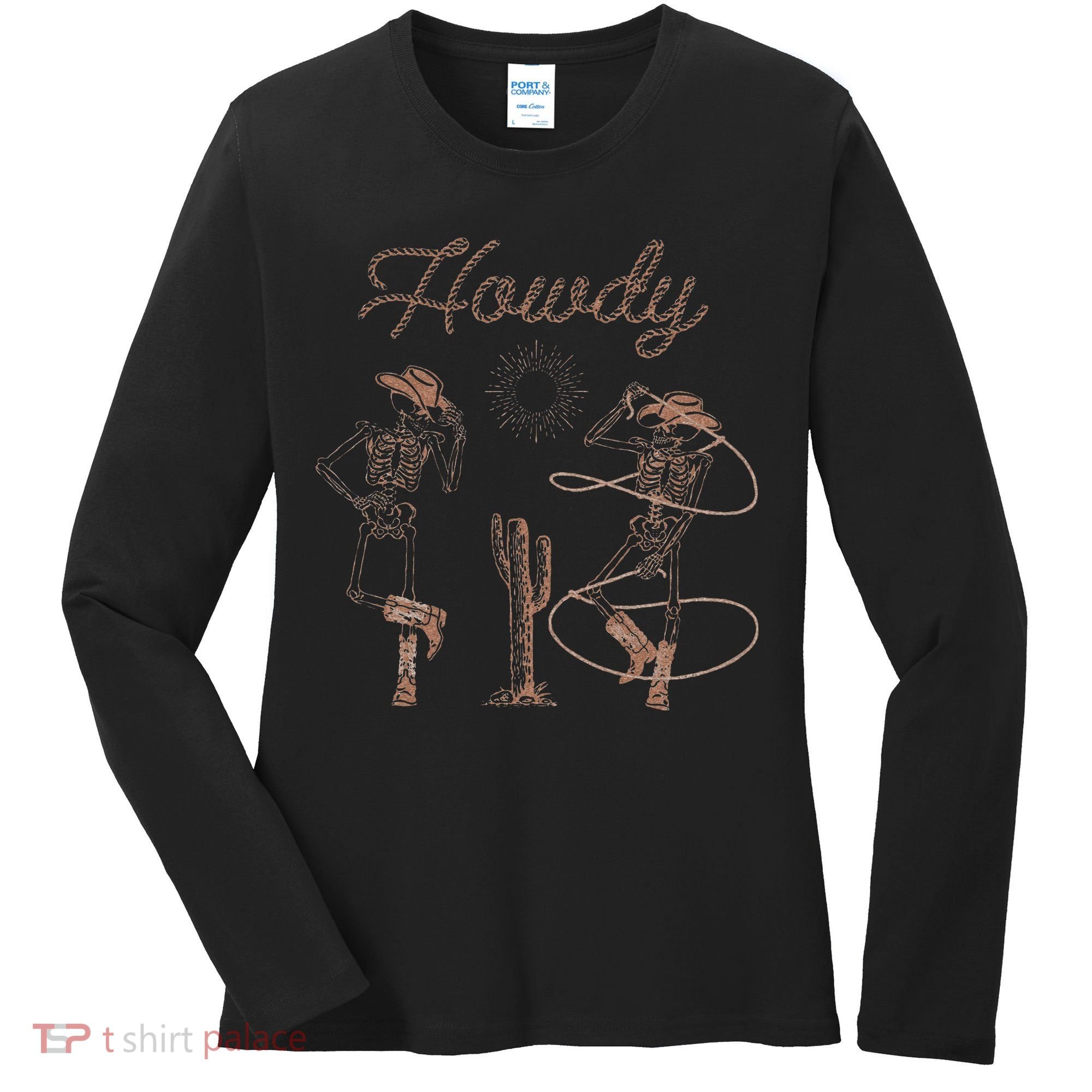 Western Cowboy Skeleton Dancing Howdy Halloween Women's Long Sleeve Shirt