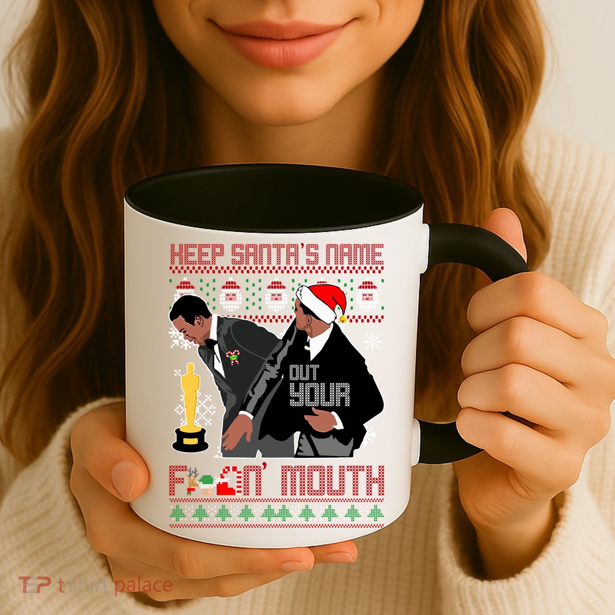 Will Chris Slap Award Show Keep Santa's Name Out Your Mouth Ugly Christmas Coffee Mug