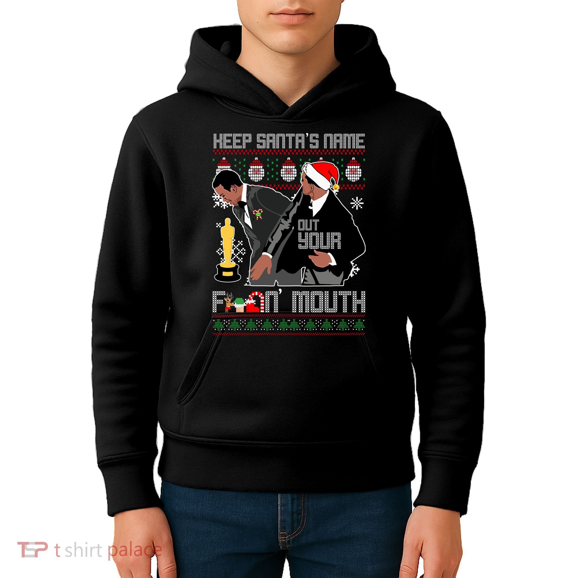 Will Chris Slap Award Show Keep Santa's Name Out Your Mouth Ugly Christmas Kids Hoodie