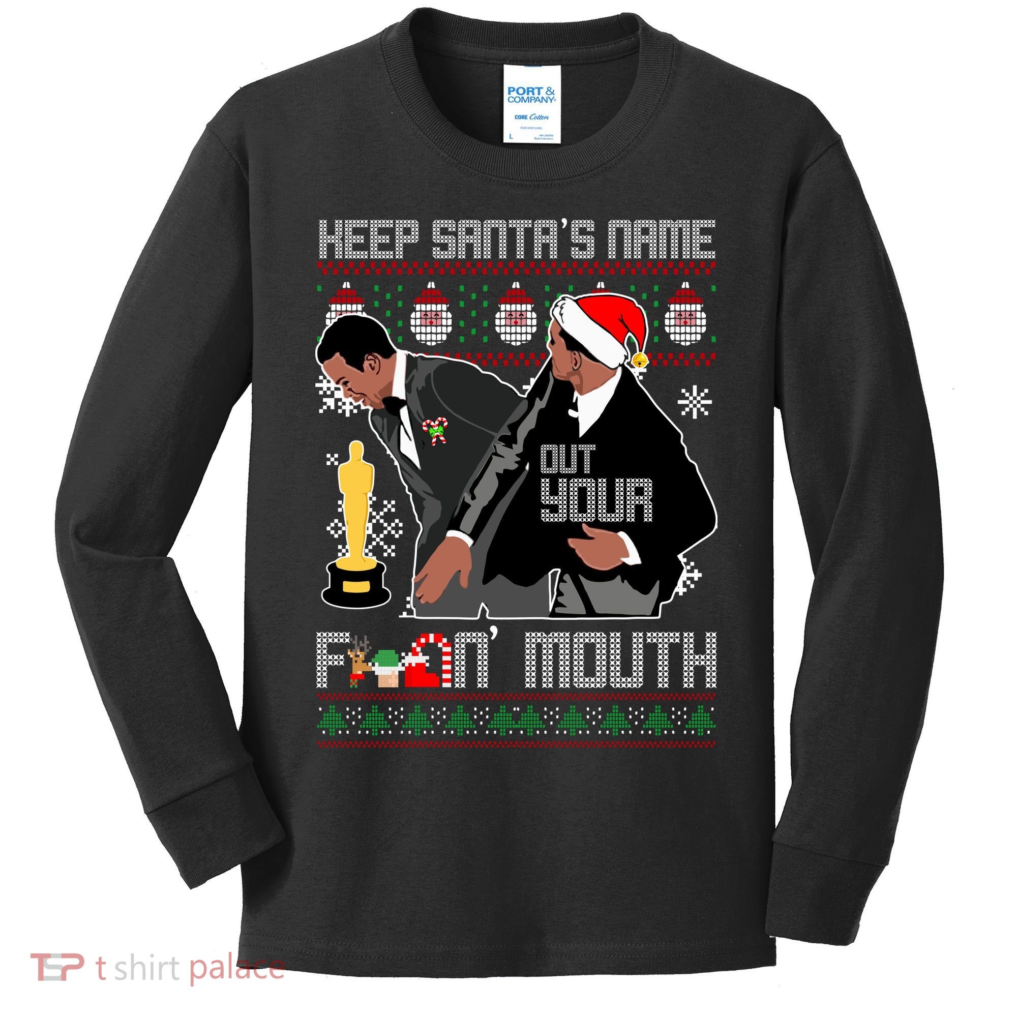 Will Chris Slap Award Show Keep Santa's Name Out Your Mouth Ugly Christmas Kids Long Sleeve Shirt
