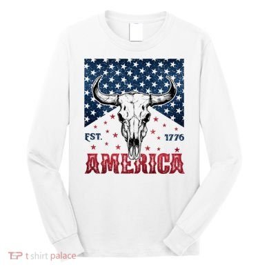 Western Cow Skull America Est 1776 Long Sleeve Shirt