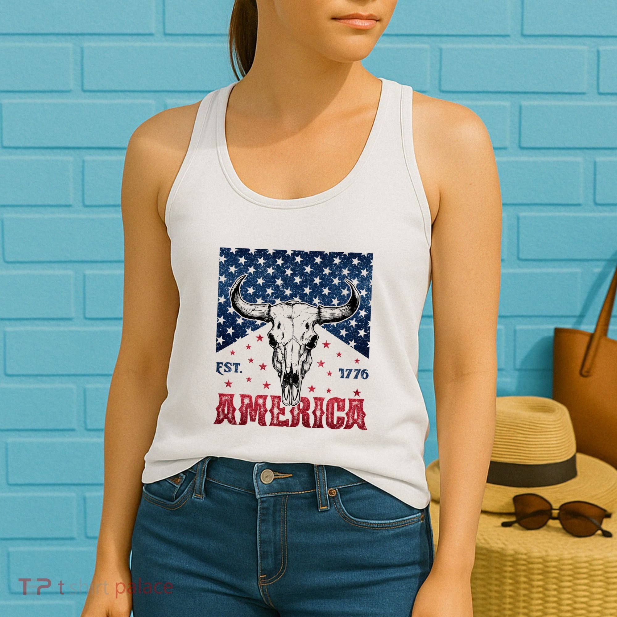 Western Cow Skull America Est 1776 Women's Tank Top