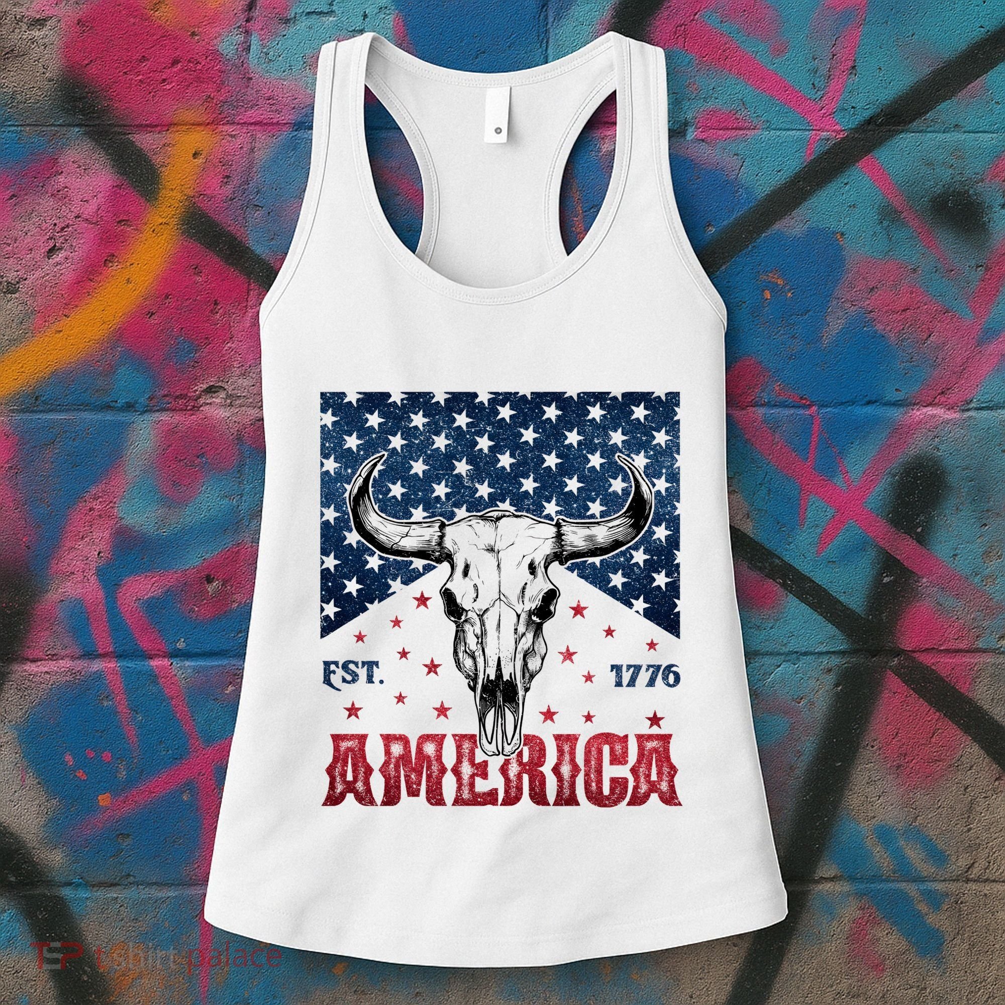 Western Cow Skull America Est 1776 Women's Tank Top