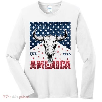 Western Cow Skull America Est 1776 Women's Long Sleeve Shirt