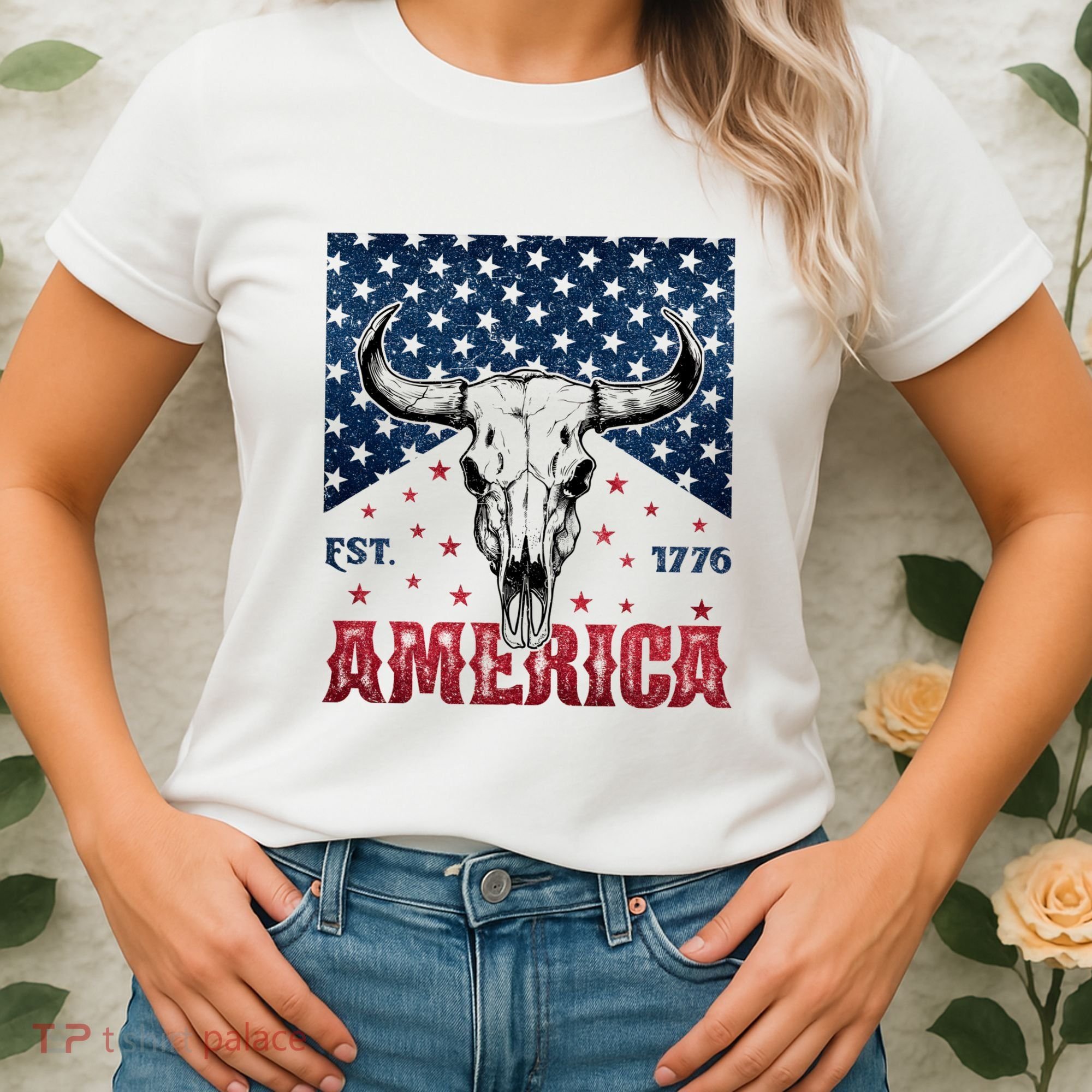 Western Cow Skull America Est 1776 Women's T-Shirt