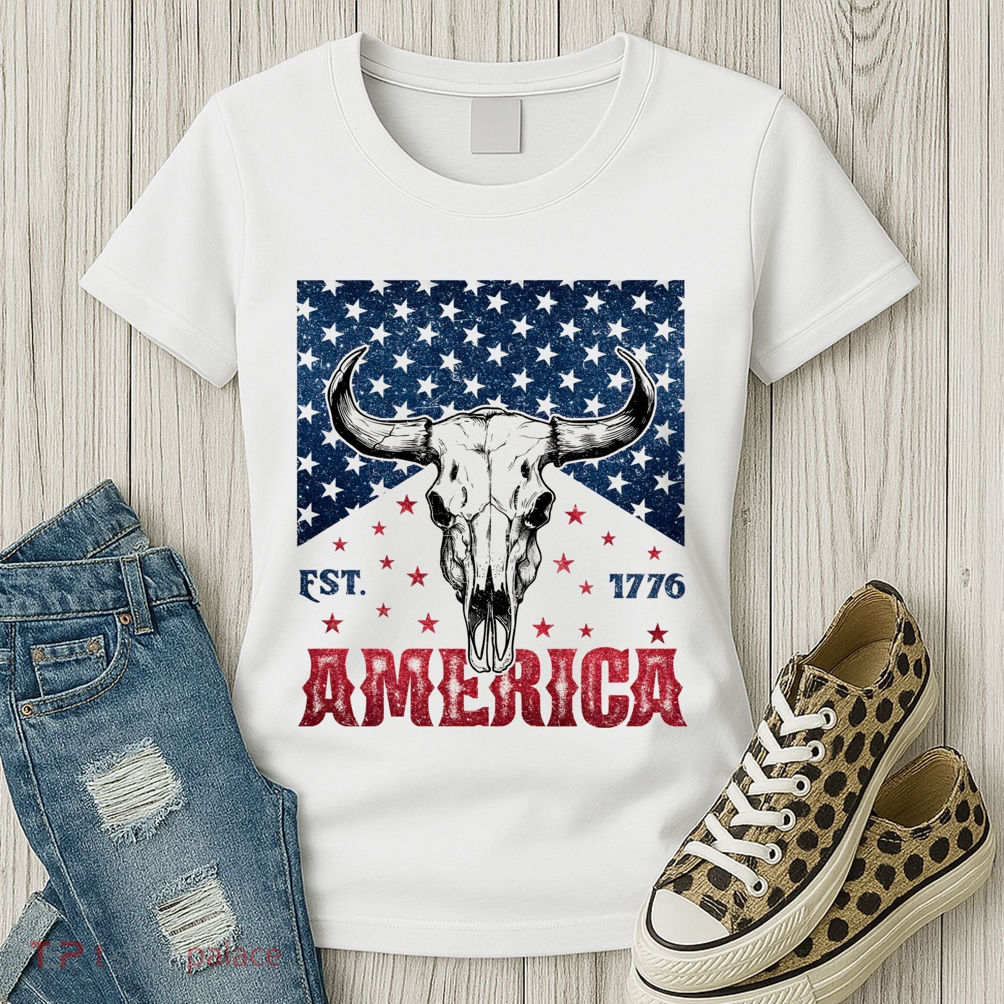 Western Cow Skull America Est 1776 Women's T-Shirt