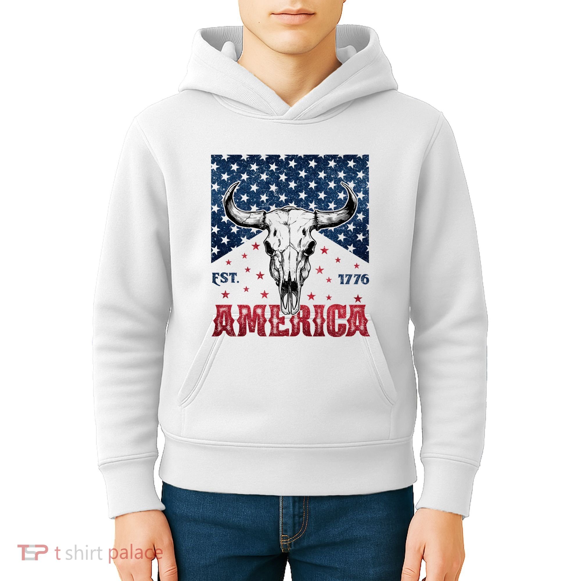 Western Cow Skull America Est 1776 Kids Hoodie
