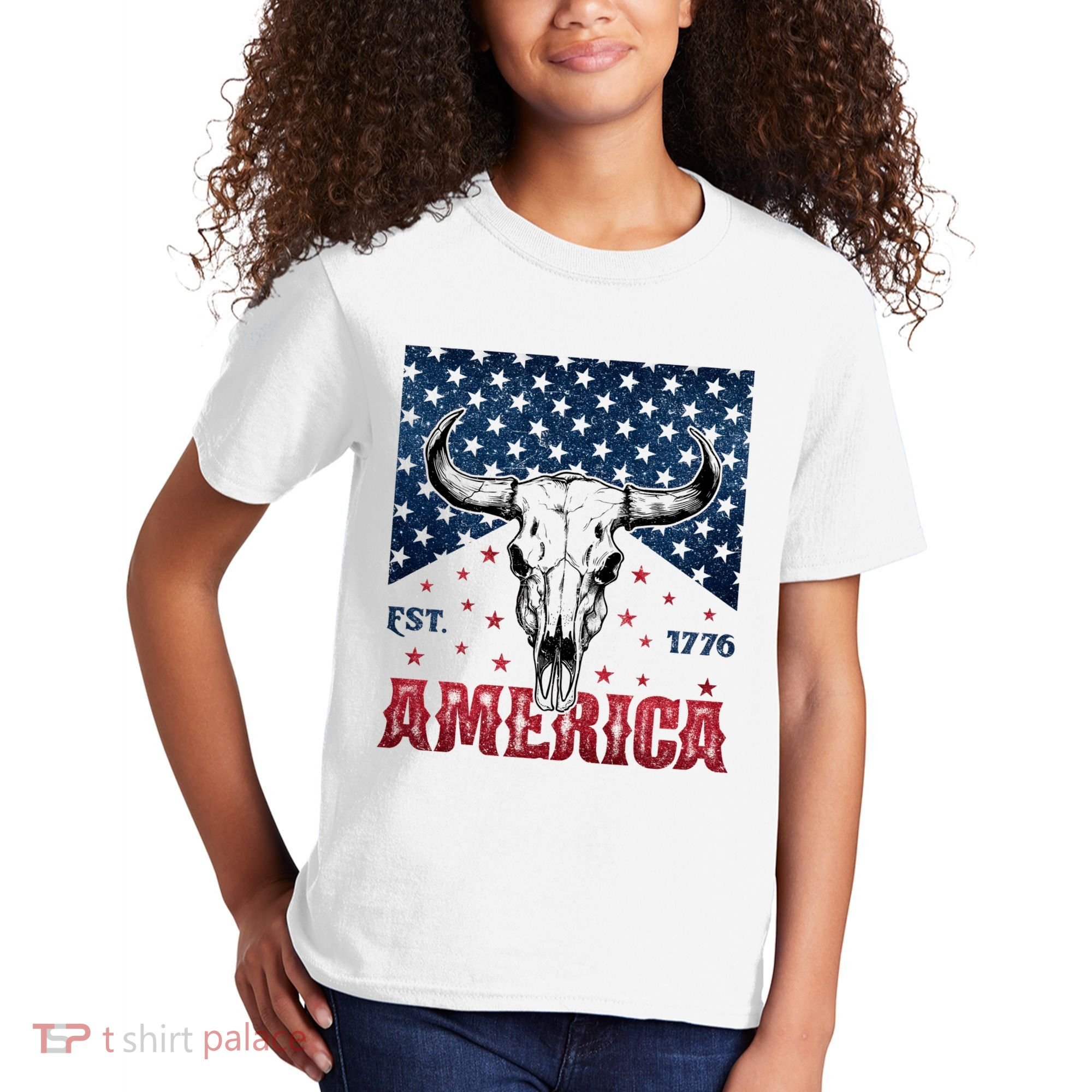 Western Cow Skull America Est 1776 Kids T-Shirt