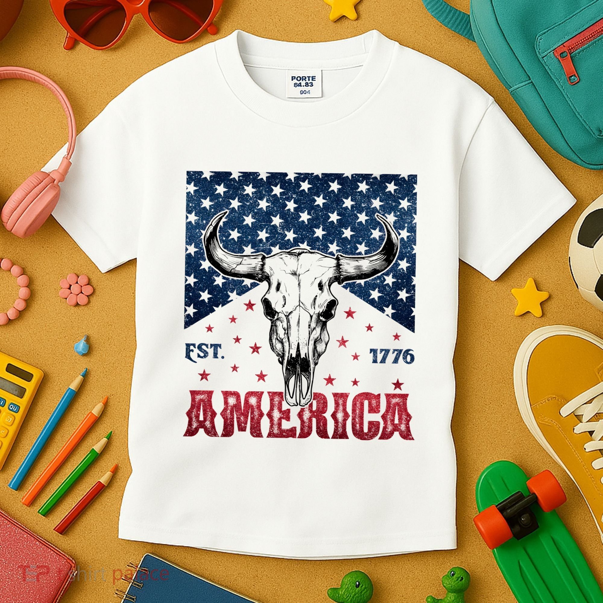 Western Cow Skull America Est 1776 Kids T-Shirt