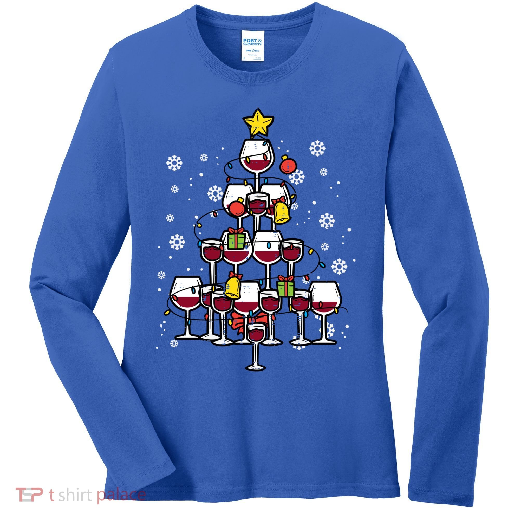 Wine Christmas Tree Xmas Pajamas Pjs Gift Women's Long Sleeve Shirt