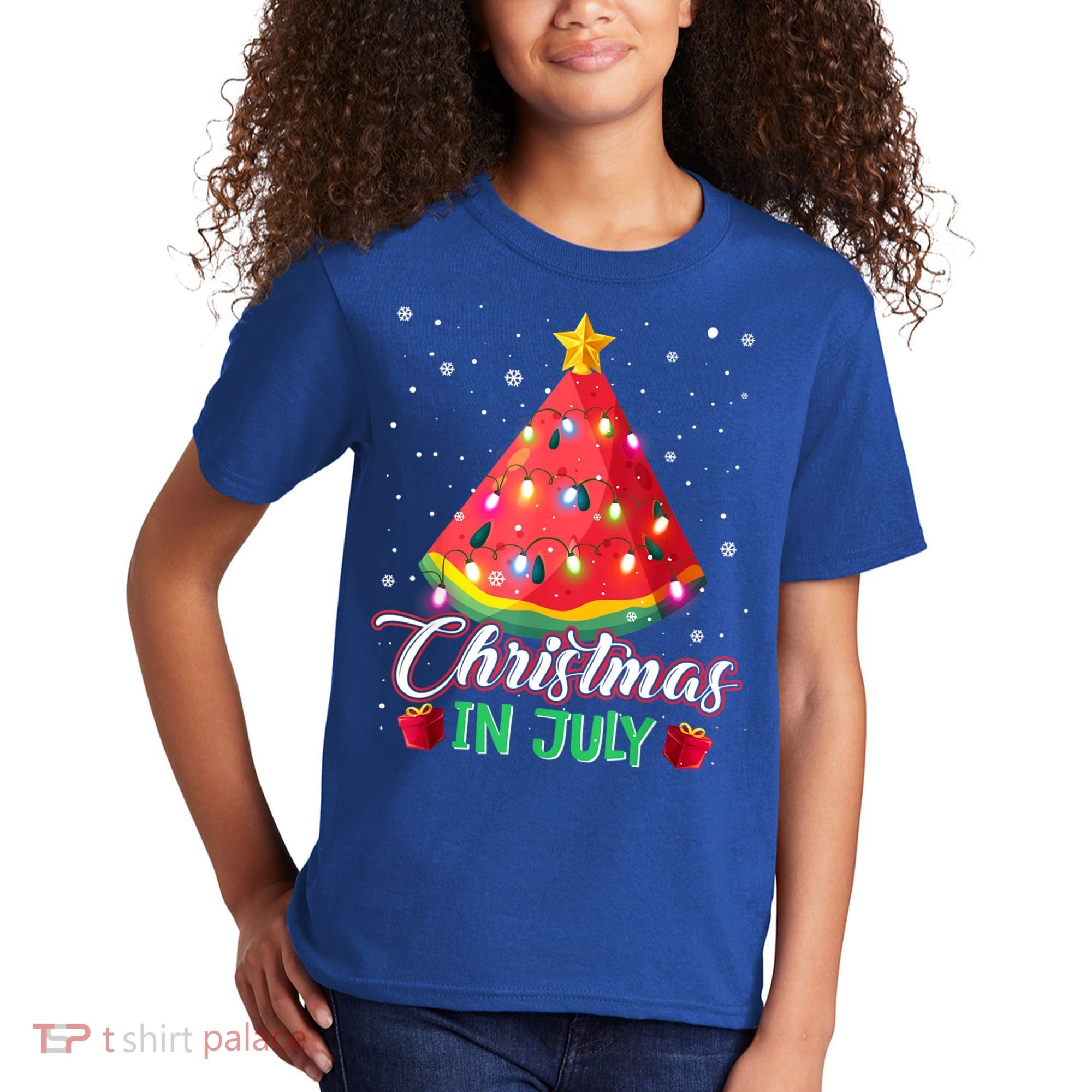 Watermelon Christmas Tree Christmas In July Summer Vacation Kids T-Shirt