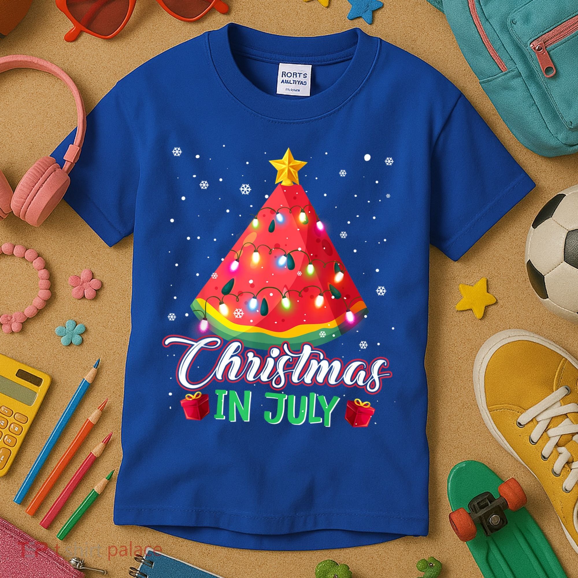 Watermelon Christmas Tree Christmas In July Summer Vacation Kids T-Shirt