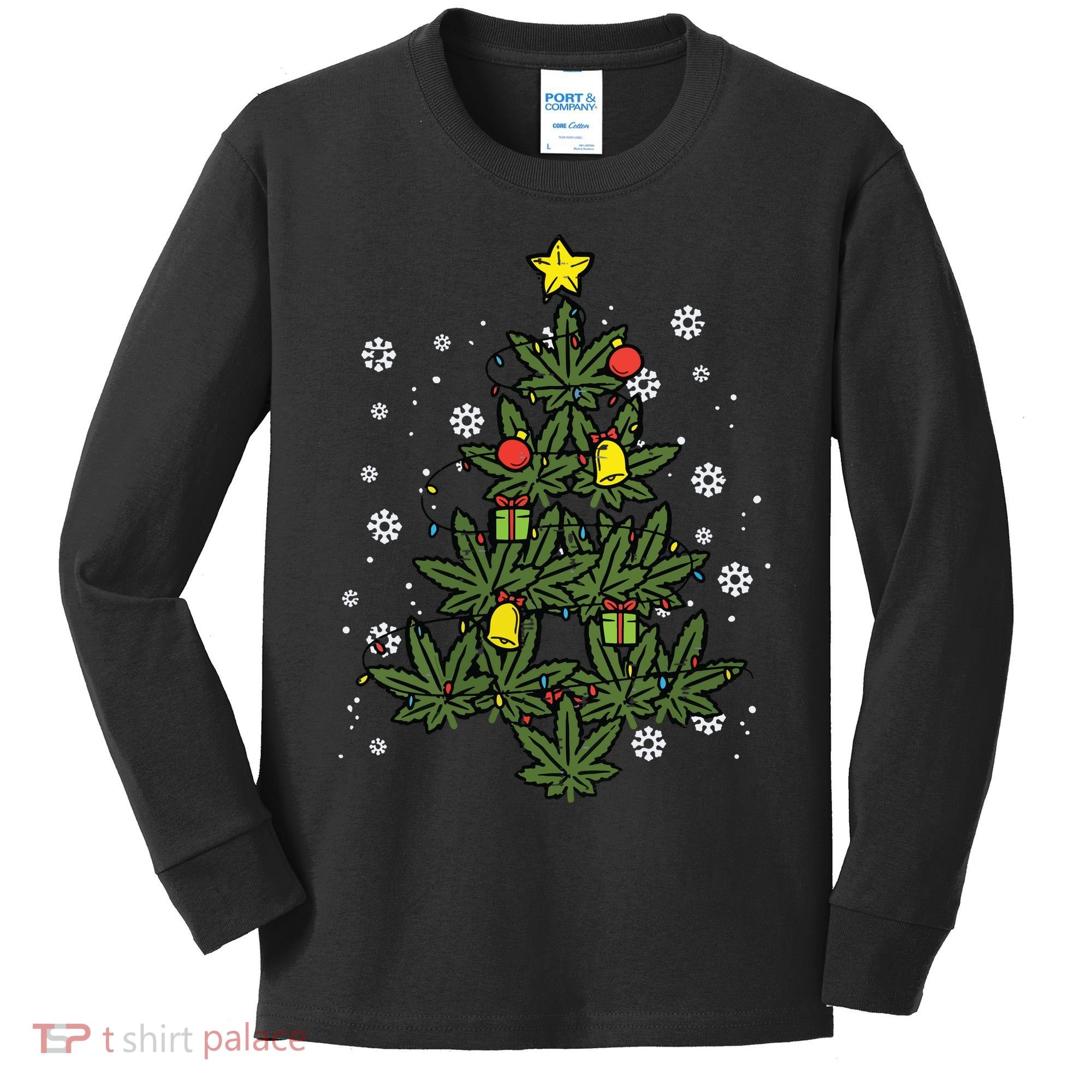 Weed Christmas Tree Xmas Pj 420 Cannabis Marijuana Pot Kids Long Sleeve Shirt