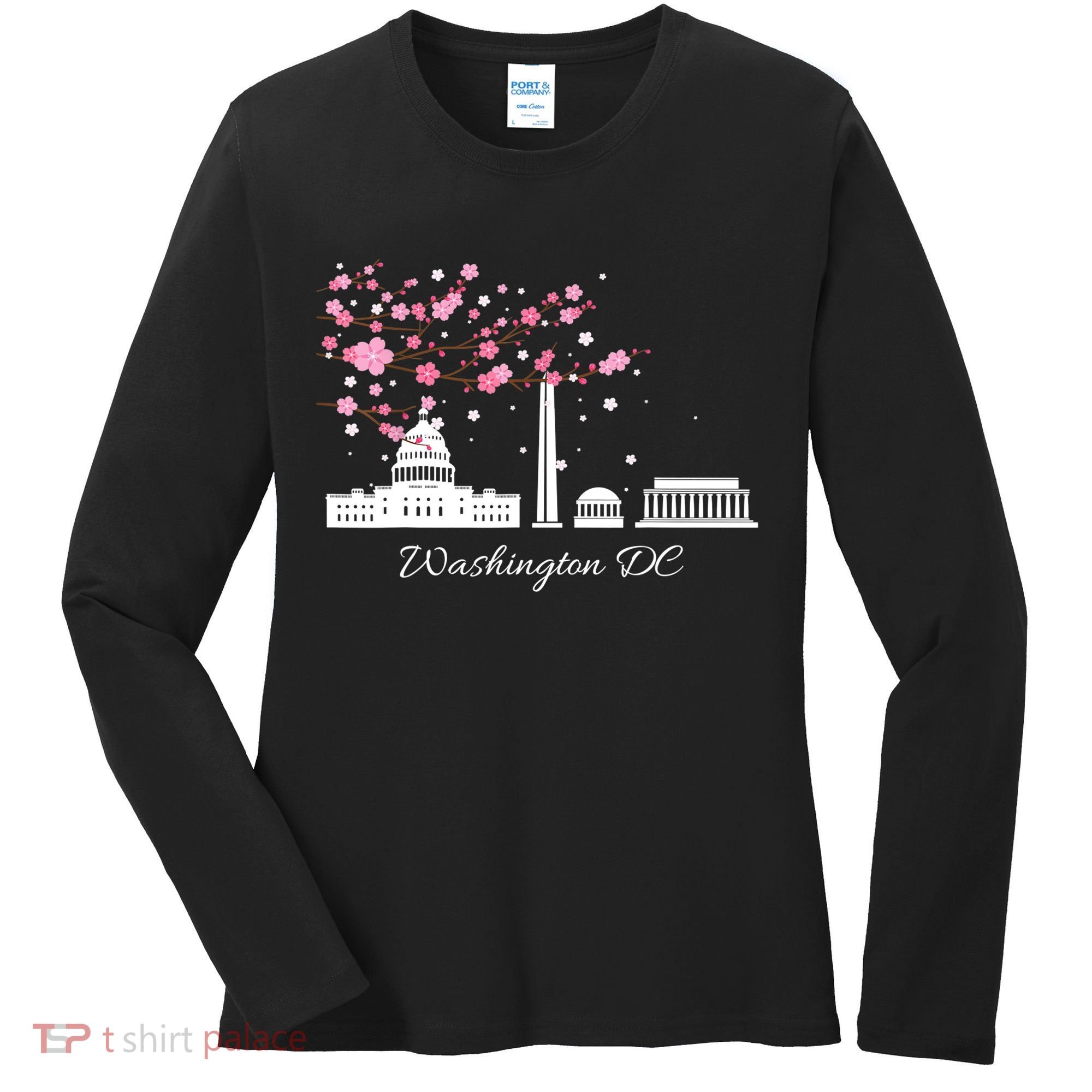 Washington DC Cherry Blossoms Monuments Memorials TShirt Women's Long Sleeve Shirt